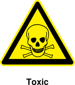 Image is a yellow 'toxic' caution sign with a skull and crossbones on it.