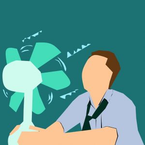 Image is an illustration of a man sitting in front of a fan.