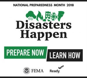 Image is a sign that says Disasters Happen, Prepare Now, Learn How.