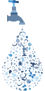 Image is an illustration of a faucet with water drops coming out.