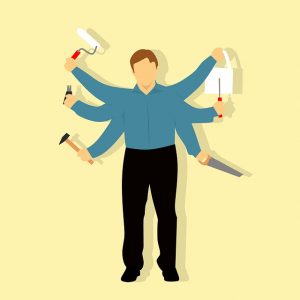 Image is an illustration of a man with multiple arms holding different construction tools in each one.