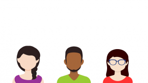 Image is three faceless avatars, two women and one man.