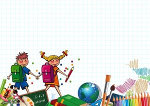 Image is a drawing of two kids going to school, with school supplies around them.