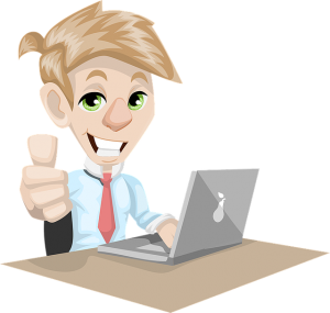Image is a cartoon drawing of a smiling man sitting at a laptop doing a thumbs up. Image is a cartoon drawing of a smiling man sitting at a laptop doing a thumbs up.