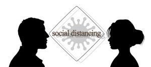 Image is an illustration of a man and woman kept a part by the words social distancing. Image is an illustration of a man and woman kept a part by the words social distancing.
