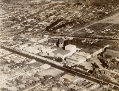Black and white image of MGM studios backlot.