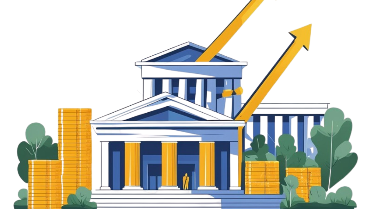 Image representing a bank and money with arrows conveying the idea of how demand for treasuries affects mortgage rates and homeownership