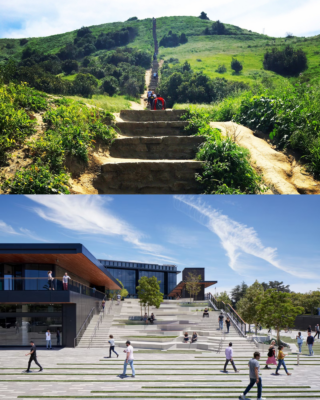 Two images of stairs. One is from Culver City Stairs, a hiking area. The other is from the Culver Steps. A new mixed-purpose location in Culver City.