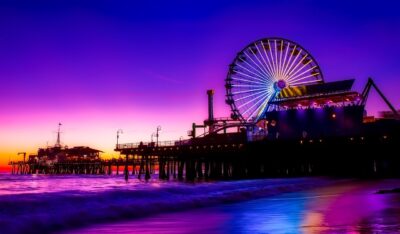 Stylized sunset Image of the Santa Monica Beach Pier, one of the best beaches near Culver City.