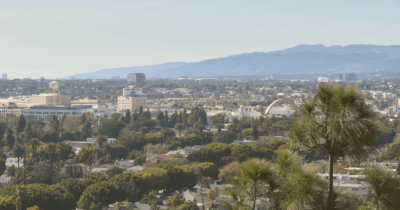 Looking west over houses and buildings in Los Angeles California.