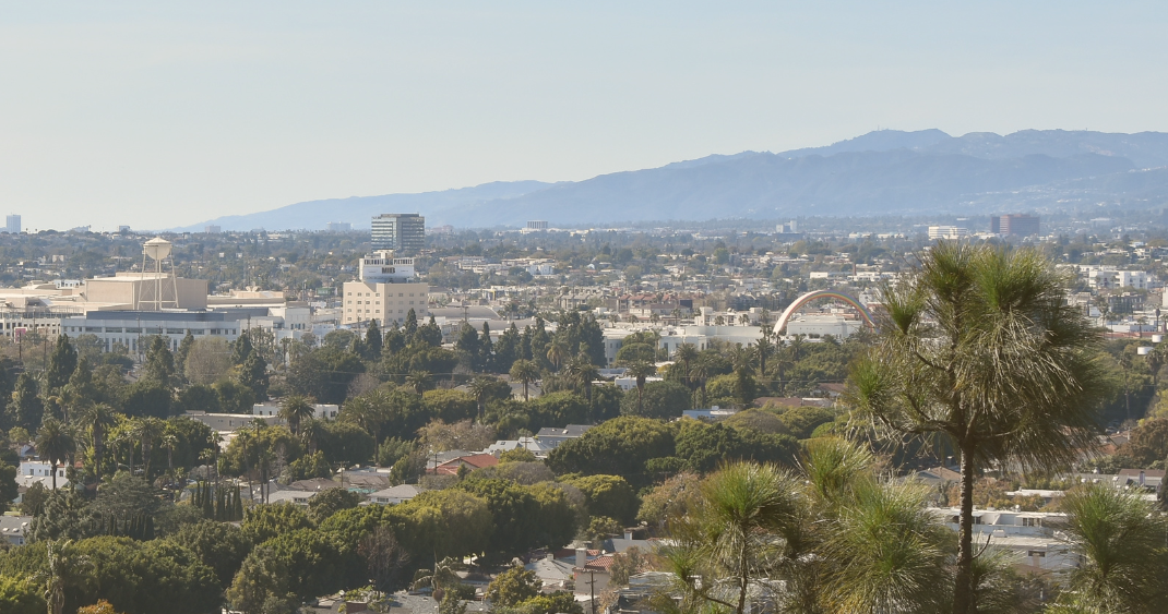Looking west over houses and buildings in Los Angeles California.