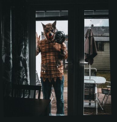 A wolfman is trick or treating around Halloween. It's a little scary.