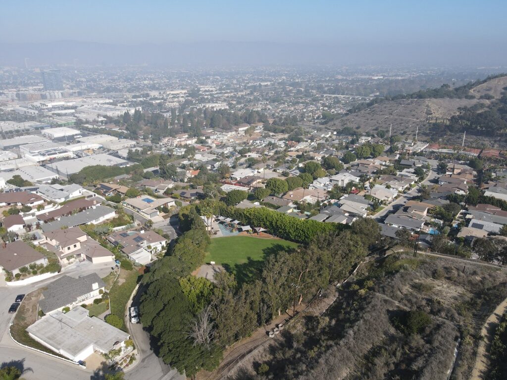 Blair Hills neighborhood view from a drone looking down.