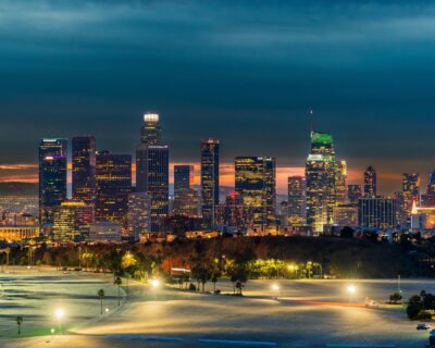 Sunset view of Los Angeles skyline.