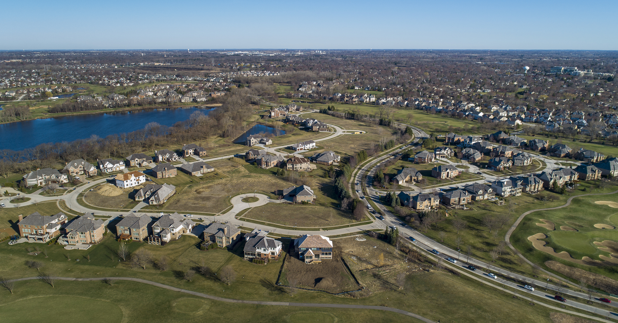 Drone aerial panoramic view of the residential neighborhood Libertyville, Vernon Hills, Chicago, Illinois.