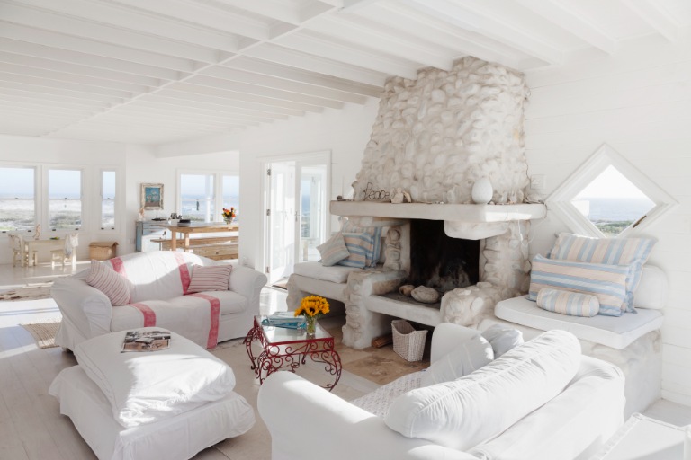 Sofa and fireplace