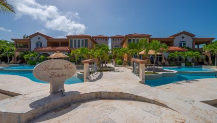Front view of Belizean Cove Estates, home to Villa Del Mar, a luxury beachfront condo in Belize with Caribbean Sea views.