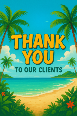 Caribbean beach scene with "Thank You to Our Clients" from RE/MAX Island Real Estate, highlighting Ambergris Caye real estate expertise