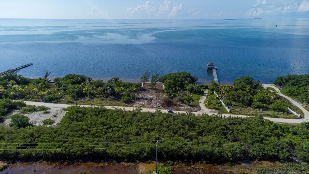 Aerial view of South Ambergris Caye lot for sale with 50x135 ft dimensions, seawall, and the turquoise Caribbean Sea in the background