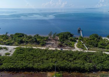 Aerial view of South Ambergris Caye lot for sale with 50x135 ft dimensions, seawall, and the turquoise Caribbean Sea in the background