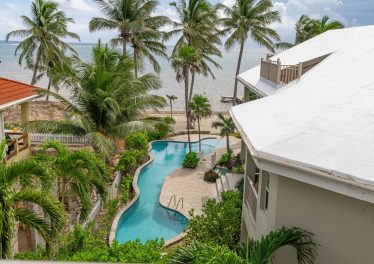 View of the Caribbean Sea from the beachfront condo balcony in Tres Cocos, Belize