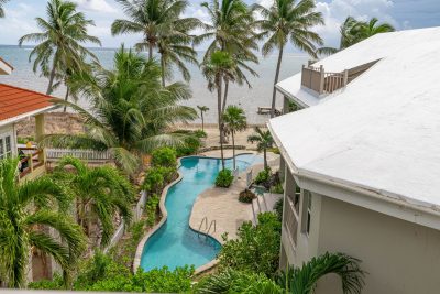 View of the Caribbean Sea from the beachfront condo balcony in Tres Cocos, Belize