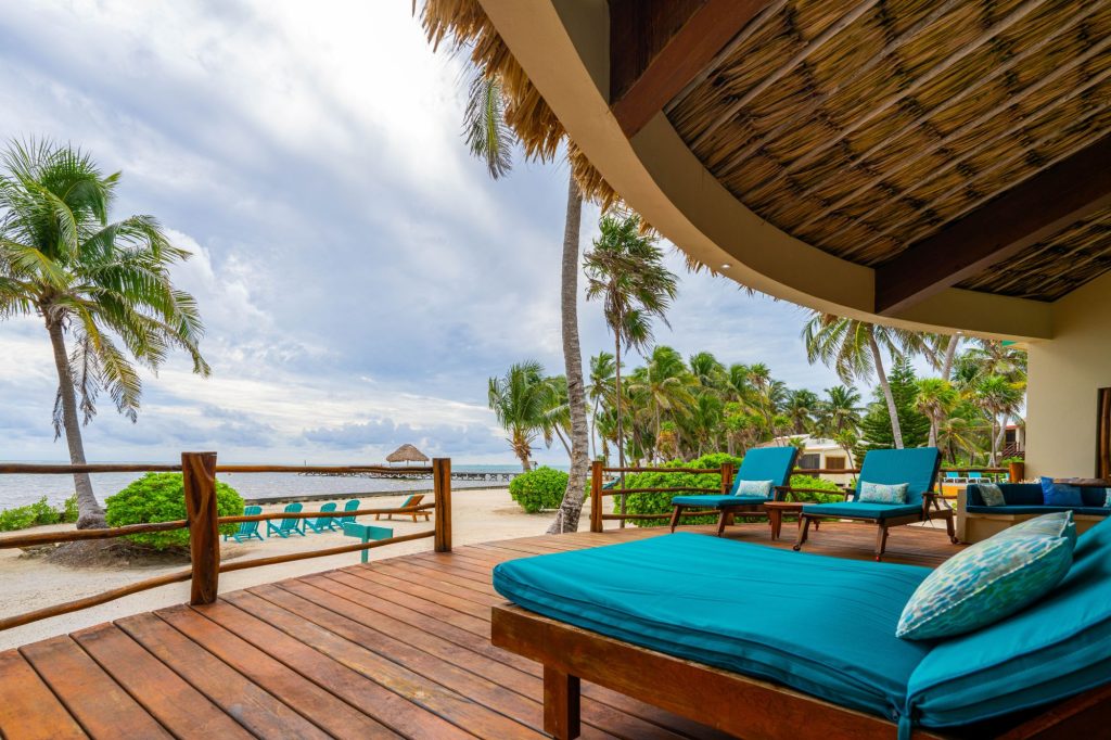Caribbean ocean view from private deck at beachfront villa in Ambergris Caye