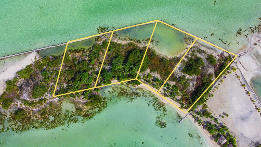 Aerial view of four beachfront lots for sale on the west coast of Ambergris Caye, Belize