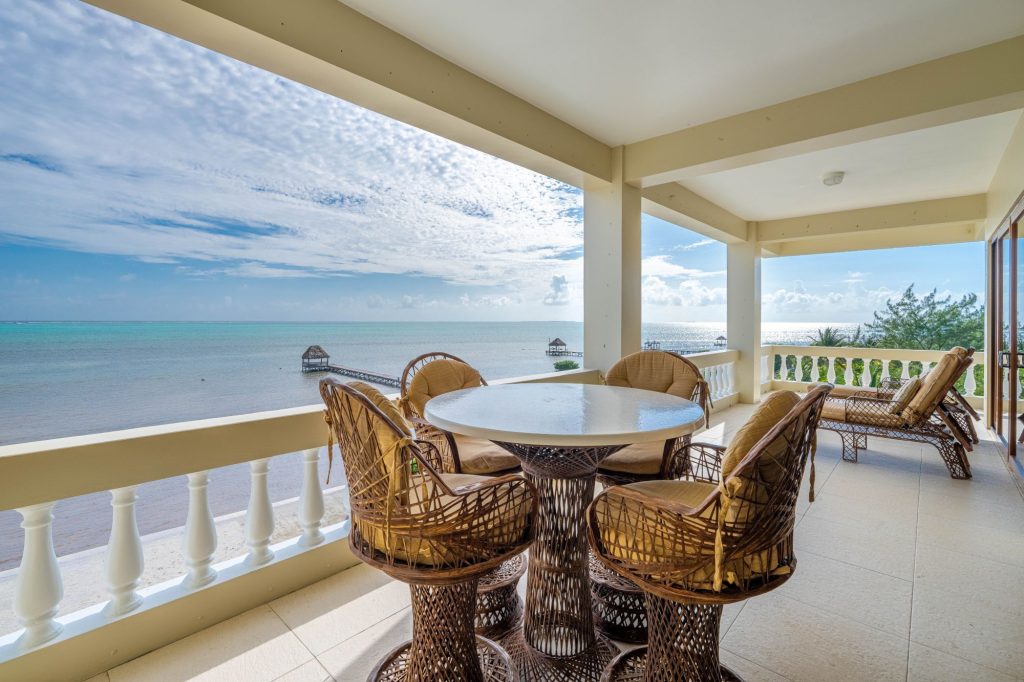 Ocean view from the balcony of a beachfront condo for sale in South Ambergris Caye, Belize