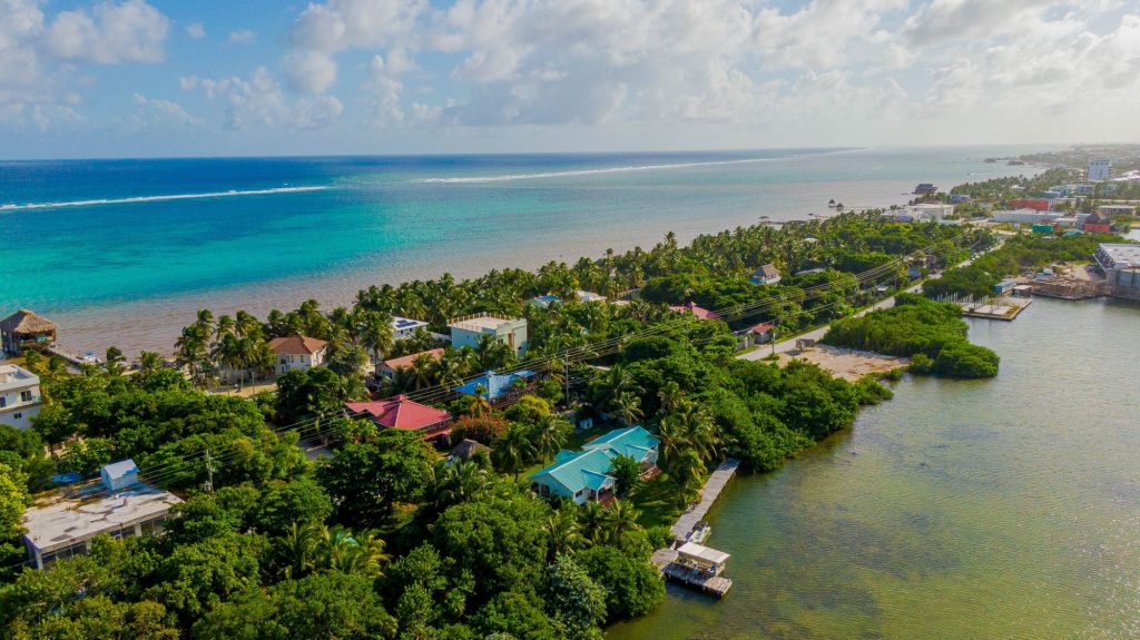 Aerial view of Tres Cocos San Pedro land for sale near the Caribbean Sea, Belize