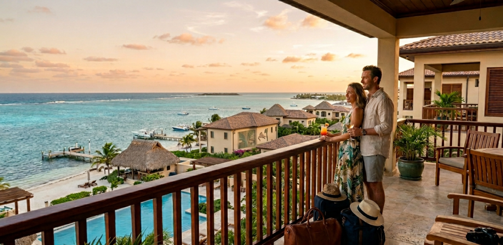 Couple viewing oceanfront real estate in San Pedro, Belize, at sunset with luggage on a luxury balcony, promoting the RE/MAX Island Real Estate Fly and Buy program with $1,200 flight credit