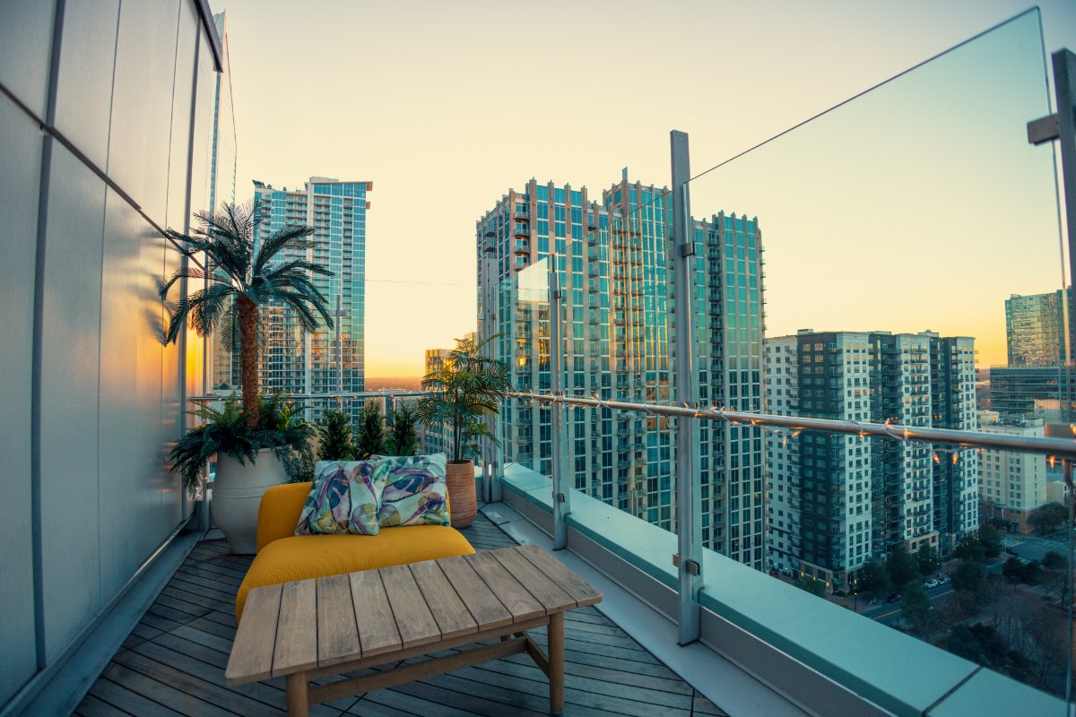 Sunset Balcony Chair and Table - Charlotte North Carolina Skyline - Wide Shot