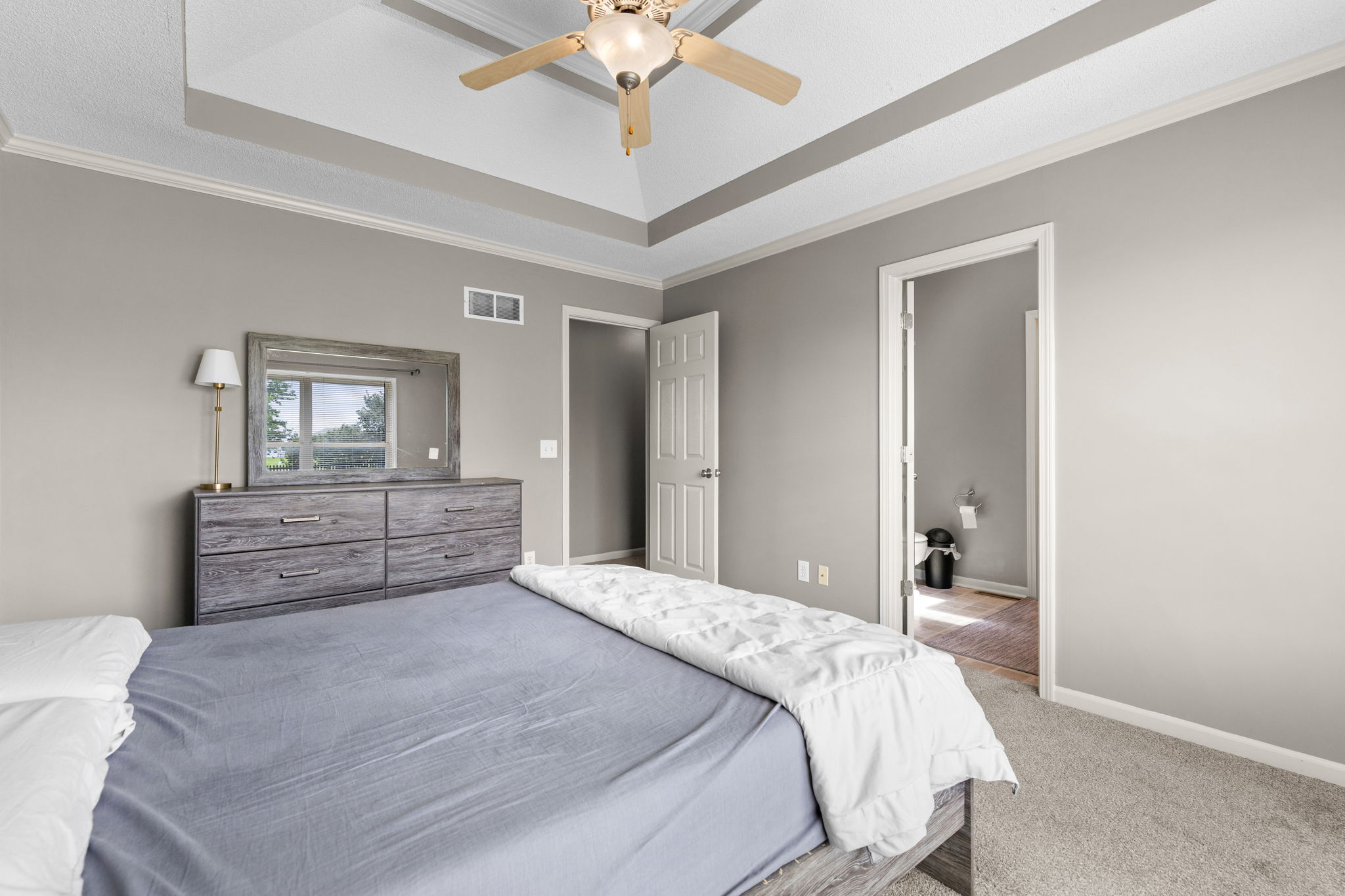 Primary suite with tray ceiling in Kansas City Northland home