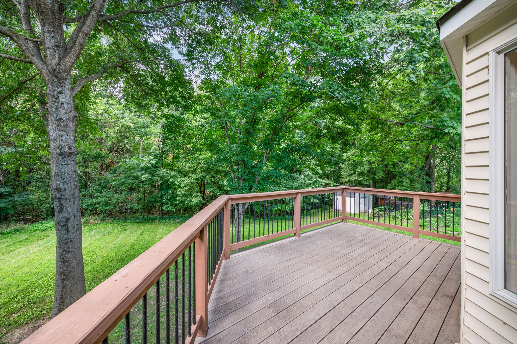 Replanked back deck overlooking mature trees in Platte City, Missouri