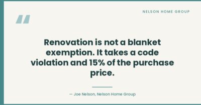 ROAD to Housing Act renovation exemption requires a building code violation and 15 percent of the purchase price