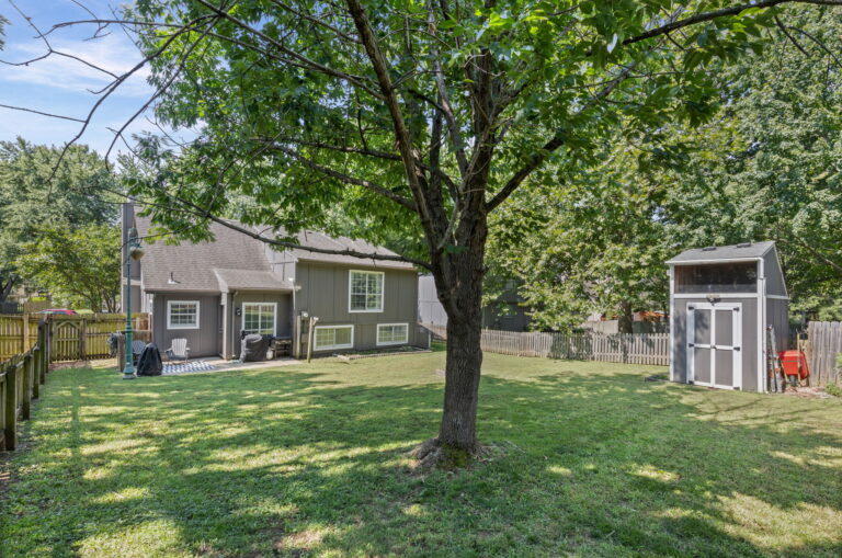 Fenced backyard with mature shade tree and storage shed at 1126 E Charlotte Town Road, Olathe, KS