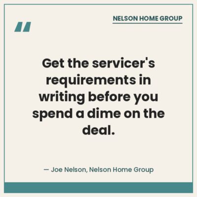 Quote graphic advising buyers to get the servicer's VA loan assumption requirements in writing before spending money