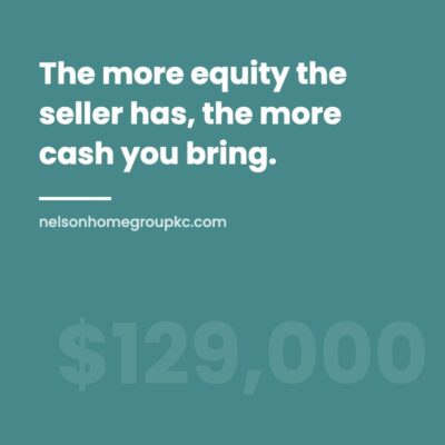 Teal quote graphic reading, the more equity the seller has, the more cash you bring