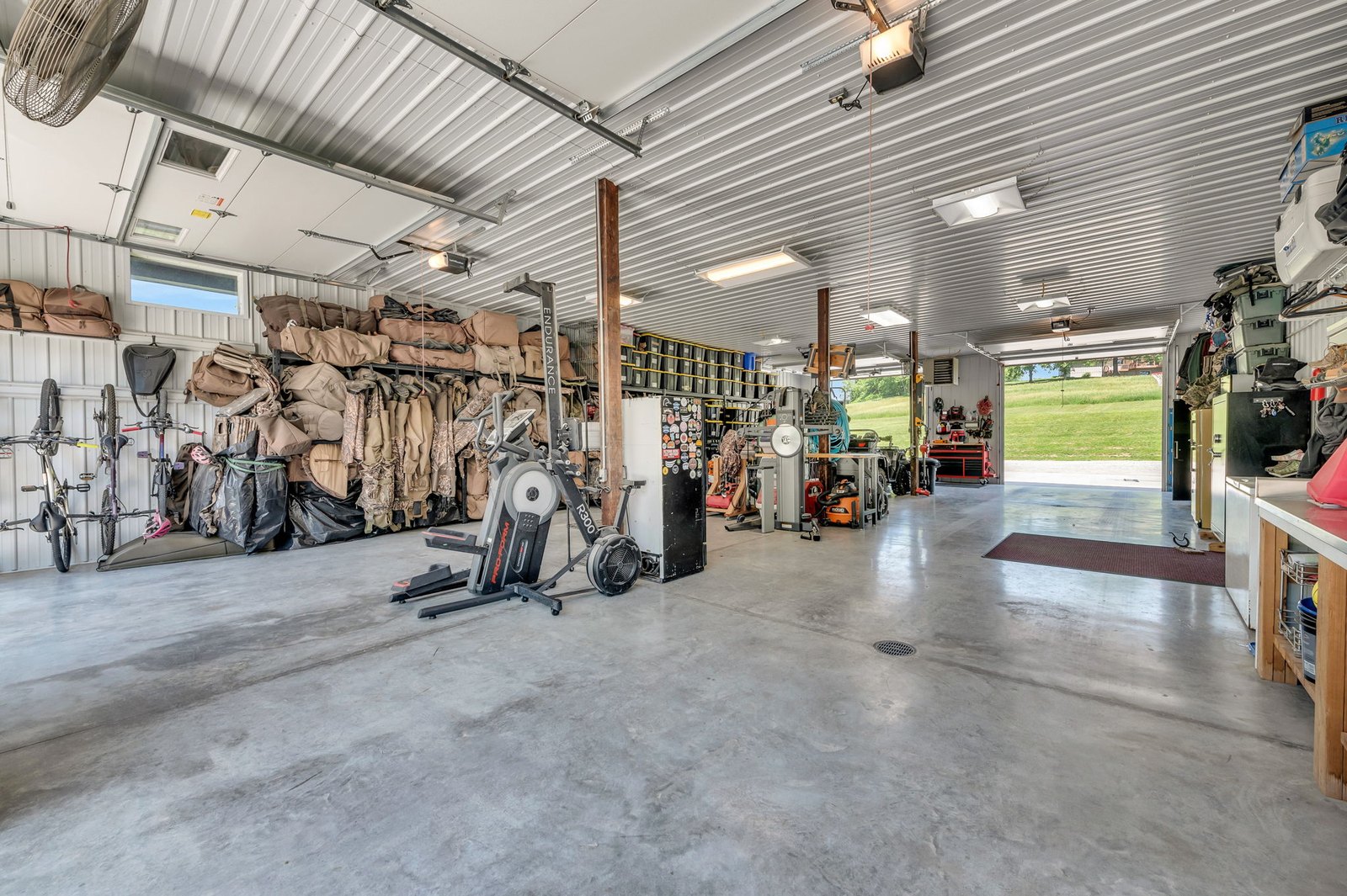 Interior of the four-car attached garage with workshop and storage space