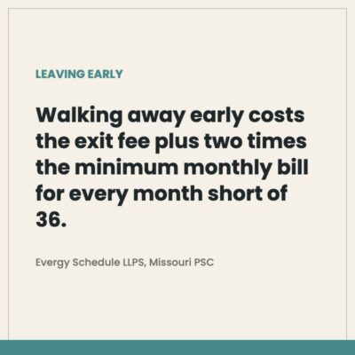 Quote graphic describing the exit fee and early termination fee for leaving an Evergy large load contract