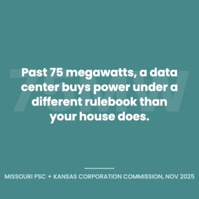 Quote graphic explaining that data centers above 75 megawatts buy power under separate utility rules