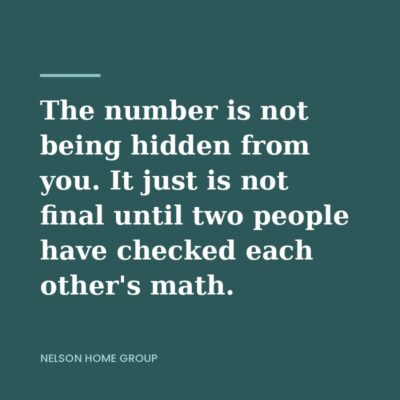 Quote graphic on deep teal reading the number is not being hidden from you, it just is not final until two people have checked each other's math
