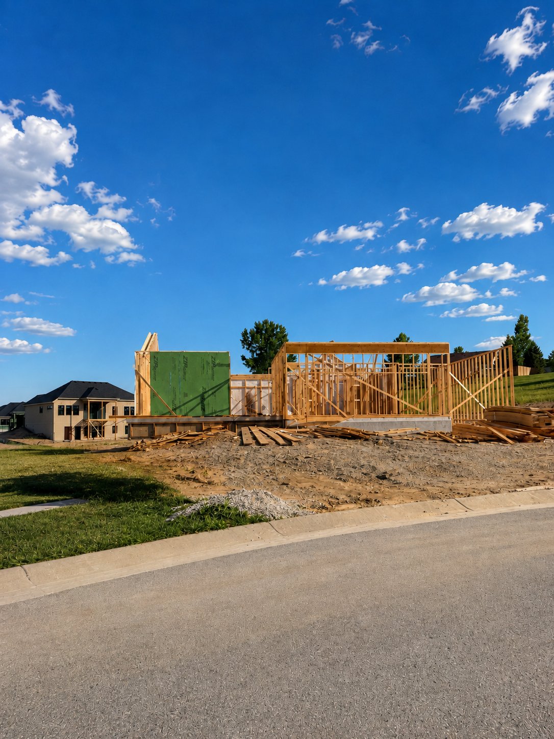 The custom home at the framing stage — wall framing and ZIP sheathing up on the foundation in Orchard Hills, Weston, Missouri