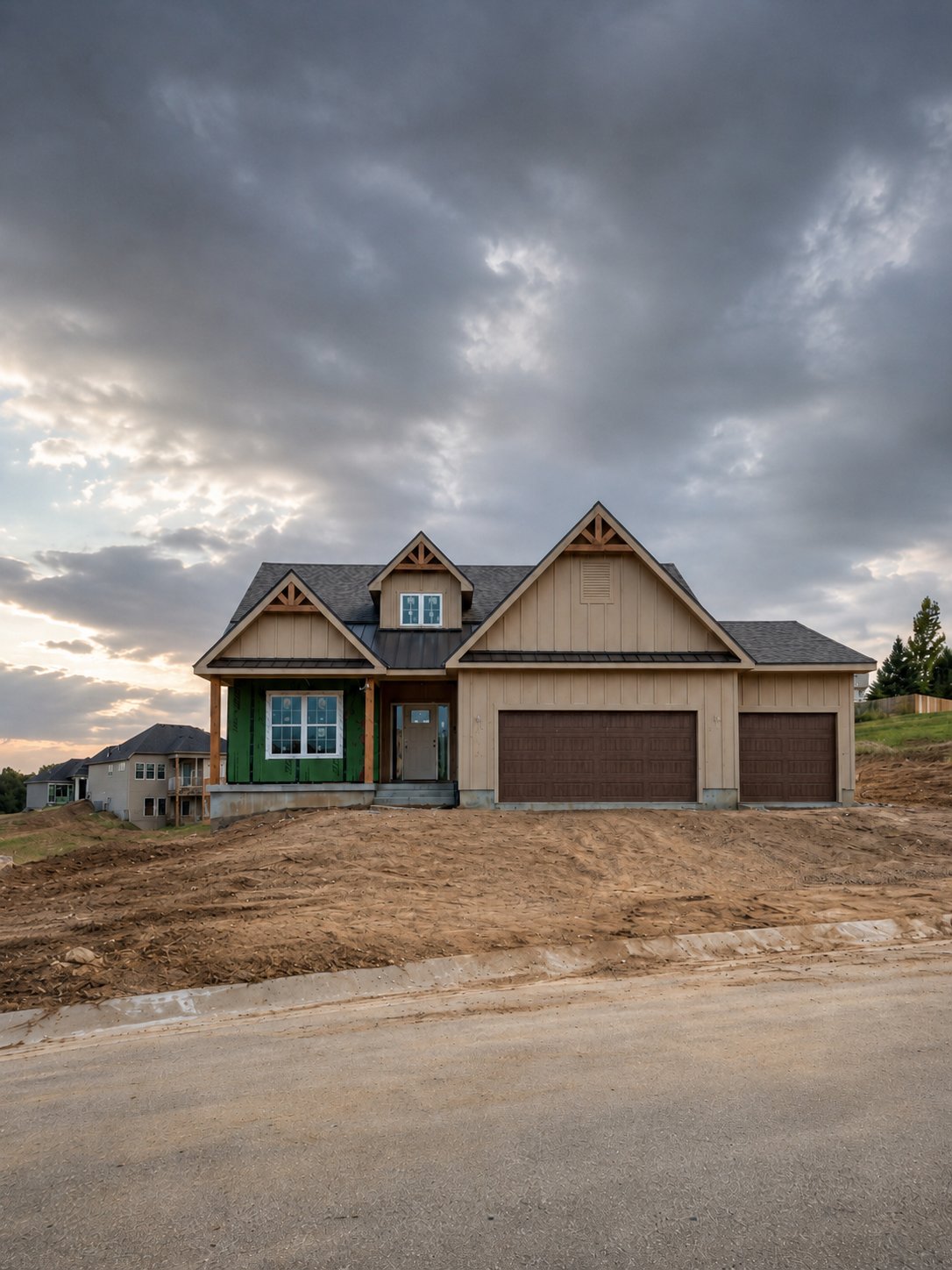 The custom home mid-construction — siding and roof on, green weather-resistant sheathing still exposed on the front porch wall, Orchard Hills, Weston, Missouri