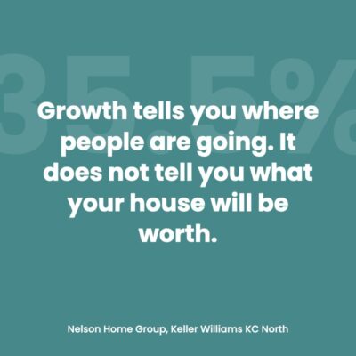 Pull quote graphic reading growth tells you where people are going, it does not tell you what your house will be worth, on a teal card