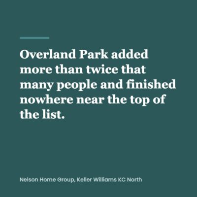 Pull quote graphic reading Overland Park added more than twice that many people and finished nowhere near the top of the list, on a deep teal card