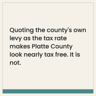 Cream graphic stating that quoting the county levy as the tax rate makes Platte County look nearly tax free.