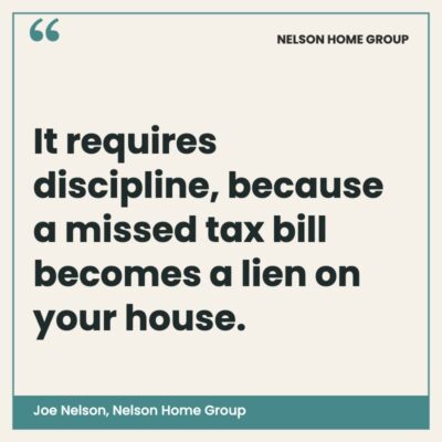 Cream graphic warning that a missed property tax bill becomes a lien on your house if you waive escrow