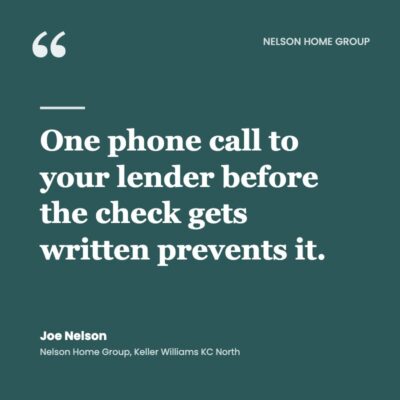Deep teal pull quote graphic: one phone call to your lender before the earnest money check gets written prevents gift fund problems