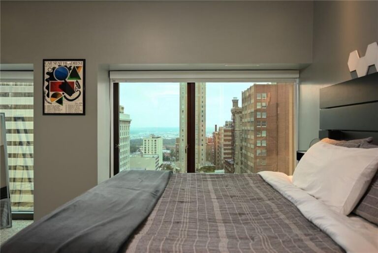 Bedroom window looking out over downtown buildings, Wallstreet Towers, downtown Kansas City, MO